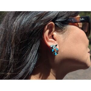 Handmade Zuni Clip On Earrings‎ Thunderbird Inlay Multi Stones NA Jewelry ***